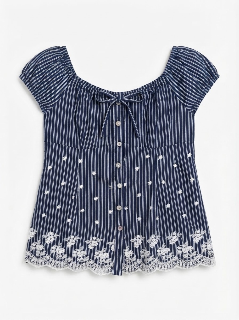 TAGWOMAN Striped Navy Embroidered Sweetheart Button-Front Blouse Med
